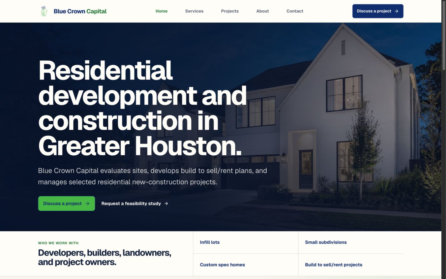 Blue Crown Capital website showing its residential development and construction experience.