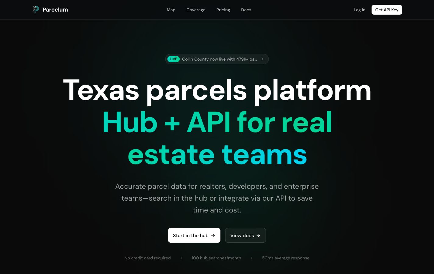 Parcelum website showing its Texas parcel data platform and API experience.